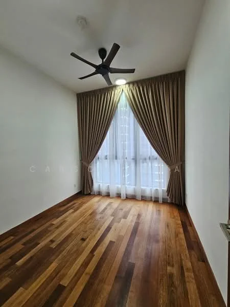 Room features: wooden flooring, white painted walls, 5-blade ceiling fan with light, floor-to-ceiling windows, sheer curtains, brown curtain drapes, natural light from window; style: modern.