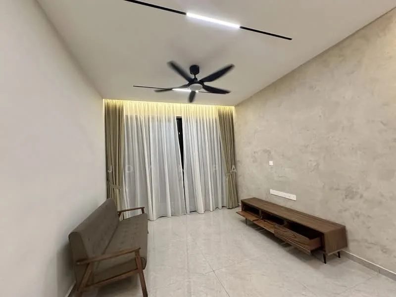 Living features: grey accent wall, white painted walls, ceramic tile flooring, 5-blade ceiling fan with light, floor-to-ceiling windows, sheer curtains, wooden sofa, wooden TV console; style: modern.