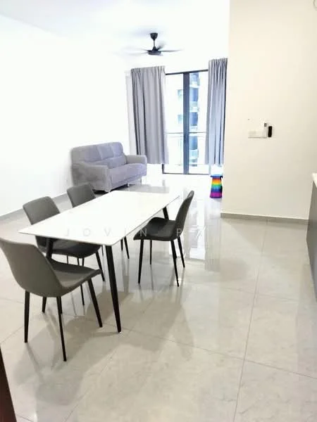 Dining features: white dining table, 4 grey dining chairs, grey fabric sofa, floor-to-ceiling windows, grey curtains, polished ceramic tile flooring, ceiling fan, wall-mounted light switch, colorful toy storage, open layout; style: modern.