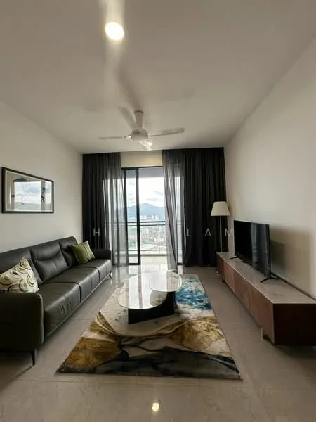 Living features: 3-seater fabric sofa in grey, decorative cushions, coffee table with round glass top, area rug with abstract pattern, wall-mounted TV, TV console in wood finish, floor-to-ceiling windows, curtains in dark grey, ceiling fan with light, marble tile flooring, white painted walls; style: modern; view: mountain.