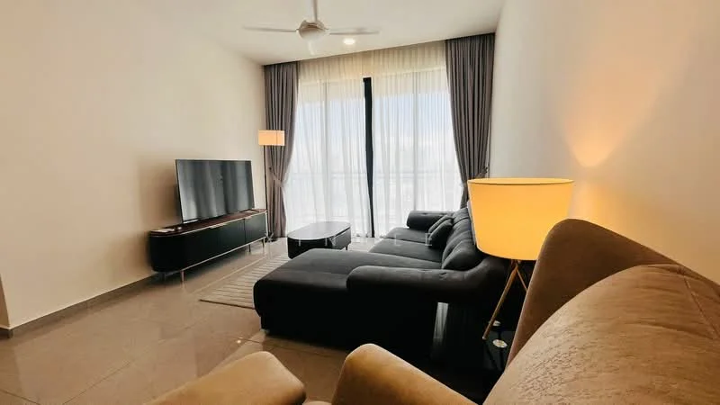 Living features: L-shape sectional sofa in dark grey, coffee table, wall-mounted TV, TV console in black, floor-to-ceiling windows, sheer curtains, ceiling fan with light, area rug, laminate flooring, decorative lamp; style: modern; view: city.