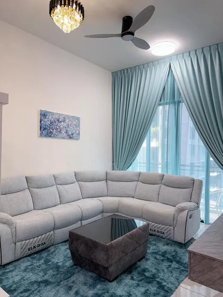 Living features: L-shape sectional sofa in light grey, glass coffee table, plush ottoman, blue area rug, floor-to-ceiling windows, sheer curtains in light blue, chandelier with crystals, ceiling fan with light, recessed ceiling lights; style: modern; view: city.