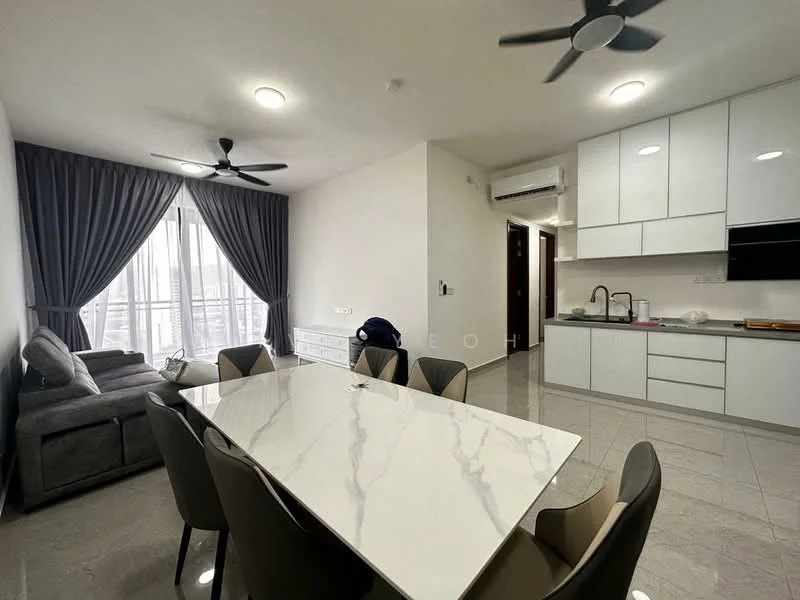 Dining features: 6-seater dining table with marble top, upholstered dining chairs, pendant light, recessed LED downlights, floor-to-ceiling windows, grey curtains, marble tile flooring, air conditioning unit, wall-mounted split AC; style: modern; view: city. Living features: 3-seater fabric sofa in grey, ceiling fan, coffee table, TV console, wall-mounted TV, area rug; style: modern; view: city. Kitchen features: white cabinetry, stainless-steel sink, chrome pull-down faucet, built-in oven, freestanding range oven, microwave, kitchen island, countertop with marble finish; style: modern.