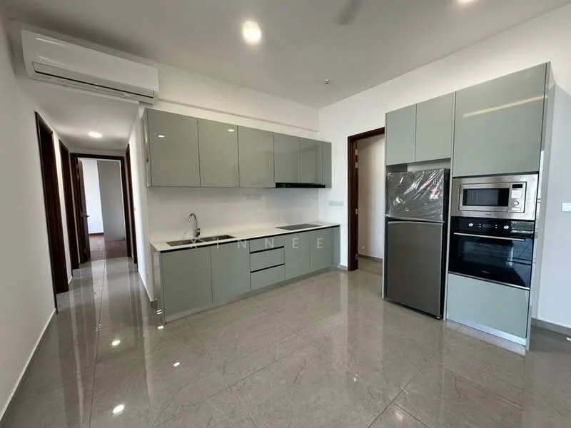 Kitchen features: light green cabinetry, white countertop, single-bowl stainless-steel sink, chrome pull-down faucet, built-in oven, microwave, stainless-steel fridge, ceramic tile flooring, recessed downlights, wall-mounted split AC, open shelving, backsplash, drawer storage; style: modern.
