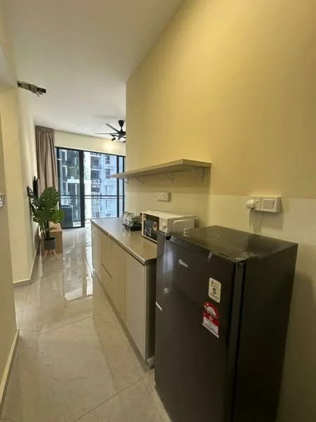 Kitchen features: grey cabinetry, white countertop, stainless-steel fridge, microwave, shelf above countertop, floor-to-ceiling windows, sliding glass door, tile flooring, ceiling fan, green plant, neutral wall color; style: modern; view: city.