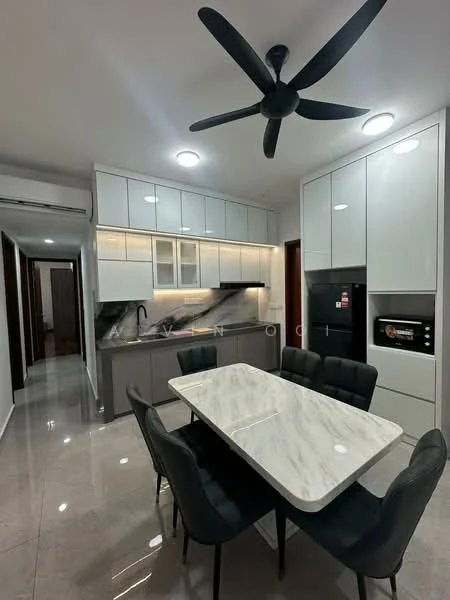 Kitchen features: marble dining table, upholstered dining chairs in black, white cabinetry with glass upper cabinets, grey lower cabinetry, black ceiling fan, recessed LED downlights, black and white marble backsplash, built-in oven, stainless-steel refrigerator, ceramic tile flooring, open layout, wall-mounted microwave; style: modern.
