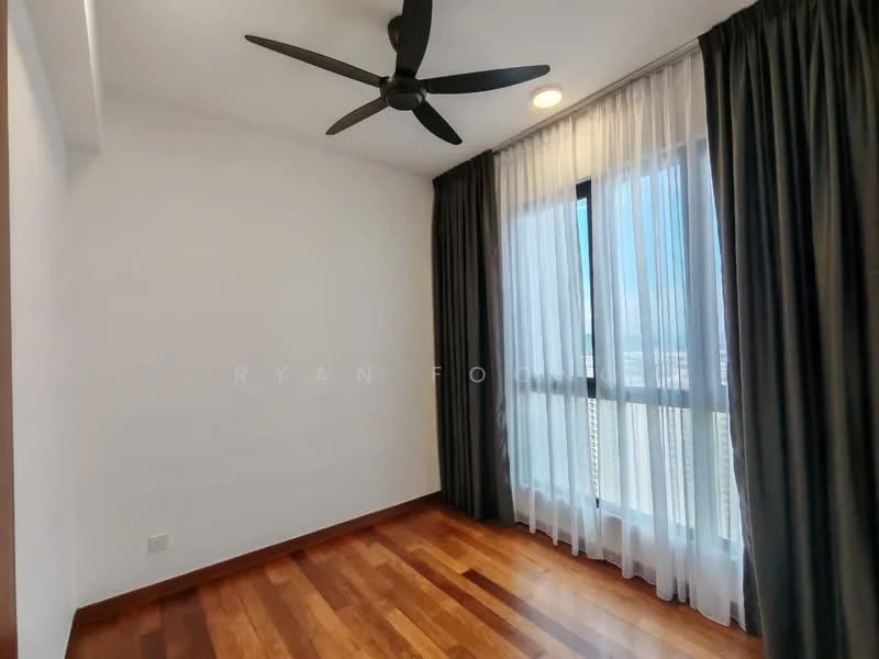 Room features: wooden flooring, white painted walls, 5-blade ceiling fan, floor-to-ceiling windows, sheer curtains, blackout curtains, natural light, city view; style: modern; view: city.