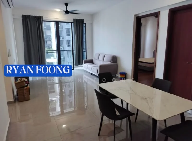 Living features: grey fabric sofa, marble dining table, black dining chairs, floor-to-ceiling windows, sliding glass door, curtains, polished tile flooring, ceiling fan; style: modern.