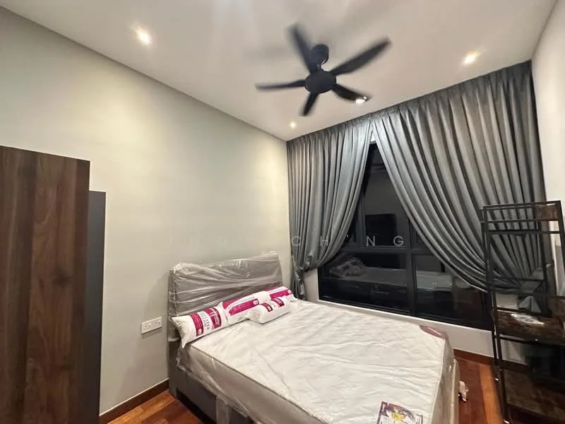 Bedroom features: queen-size bed, upholstered headboard, 5-blade ceiling fan, floor-to-ceiling window, blackout curtains, wooden flooring, decorative wall, built-in wardrobe; style: modern.