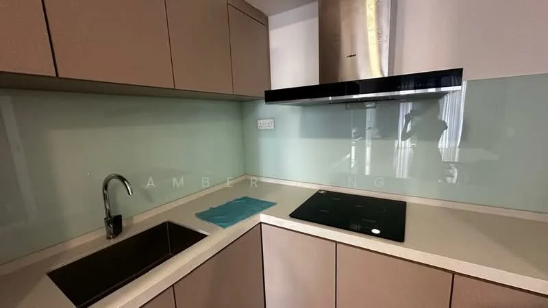 Kitchen features: single-bowl stainless-steel sink, chrome pull-down faucet, quartz countertop, glass backsplash, built-in induction hob, stainless-steel range hood, flat-panel cabinetry in beige, under-cabinet lighting; style: modern.
