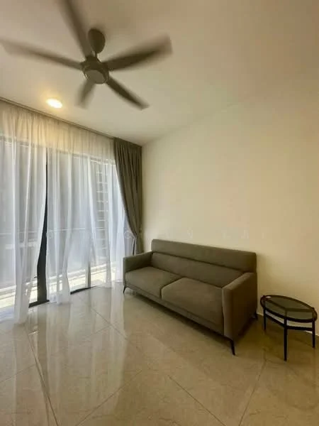 Living features: light-colored walls, large floor-to-ceiling windows, sheer white curtains, grey fabric sofa, small round side table, marble tile flooring, ceiling fan with light, recessed ceiling lights; style: modern.