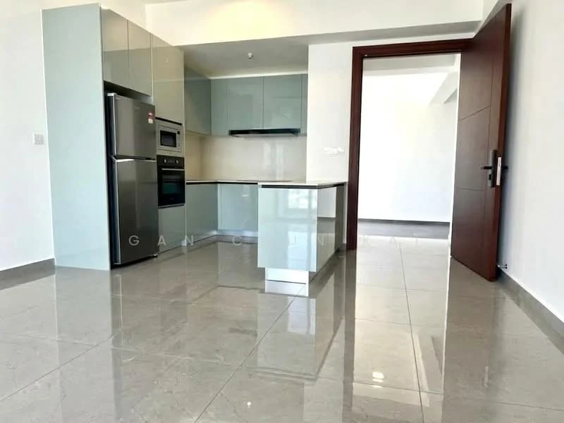 Kitchen features: grey cabinetry, white countertop, stainless-steel fridge, built-in oven, stainless-steel range hood, 4-burner gas hob, ceramic tile flooring, recessed downlights, open layout, island with seating, wall-mounted cabinets, backsplash, floor-to-ceiling windows, modern faucet; style: modern.