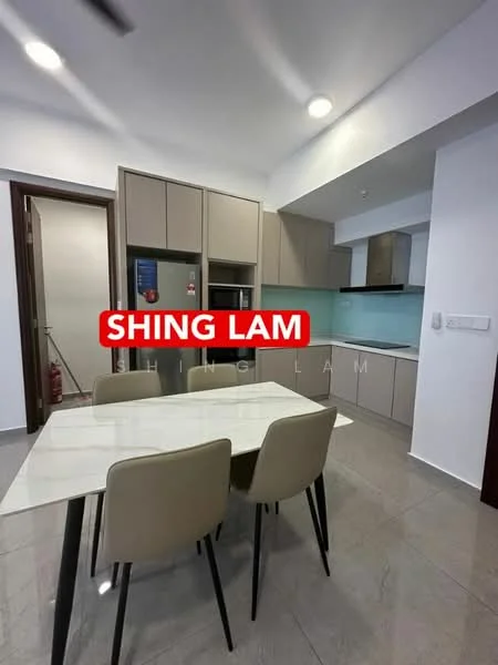 Kitchen features: light grey cabinetry, white countertop, stainless-steel fridge, built-in oven, ceramic cooktop, glass backsplash, dining table with white surface, four beige dining chairs, grey tile flooring, recessed downlights, single-bowl stainless-steel sink, chrome pull-down faucet; style: modern.