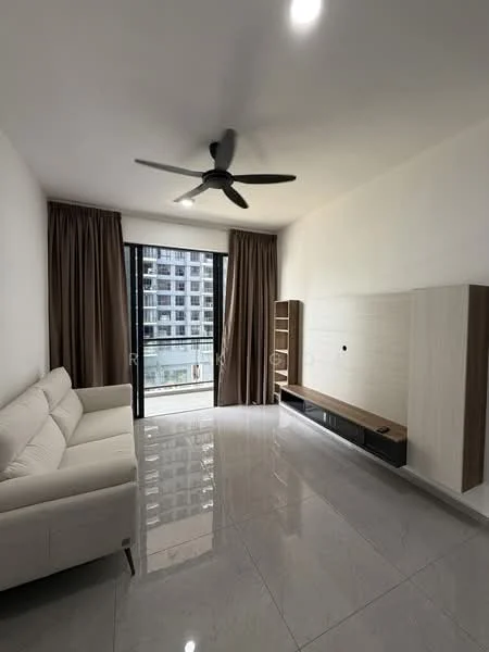 Living features: 3-seater fabric sofa in white, ceiling fan with 3 blades, floor-to-ceiling windows, sliding glass door, curtains in brown, wall-mounted TV console, light-colored wall, glossy tile flooring; style: modern.