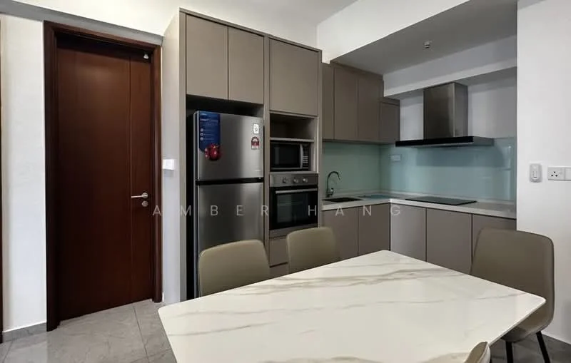 Kitchen features: grey cabinetry, white marble countertop, stainless-steel fridge, built-in oven, microwave, glass backsplash, stainless-steel range hood, ceramic tile flooring, recessed downlights, single-bowl stainless-steel sink, chrome pull-down faucet; style: modern.