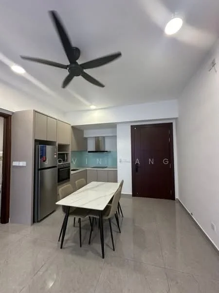 Kitchen features: marble tile flooring, white painted walls, 5-blade ceiling fan, stainless-steel fridge, built-in oven, kitchen cabinetry with grey finish, white dining table with black legs, 4 dining chairs, extractor hood, countertop with backsplash; style: modern.
