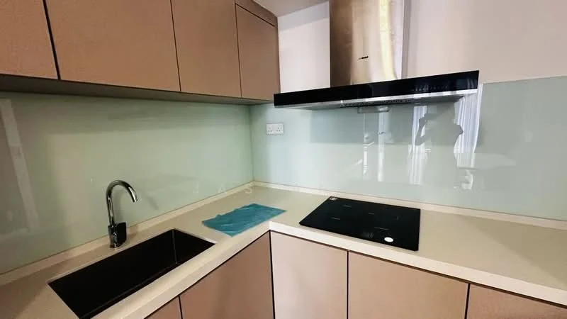 Kitchen features: single-bowl stainless-steel sink, chrome pull-down faucet, glass backsplash, light beige cabinetry, white countertop, built-in induction cooktop, stainless-steel range hood, under-cabinet lighting; style: modern.