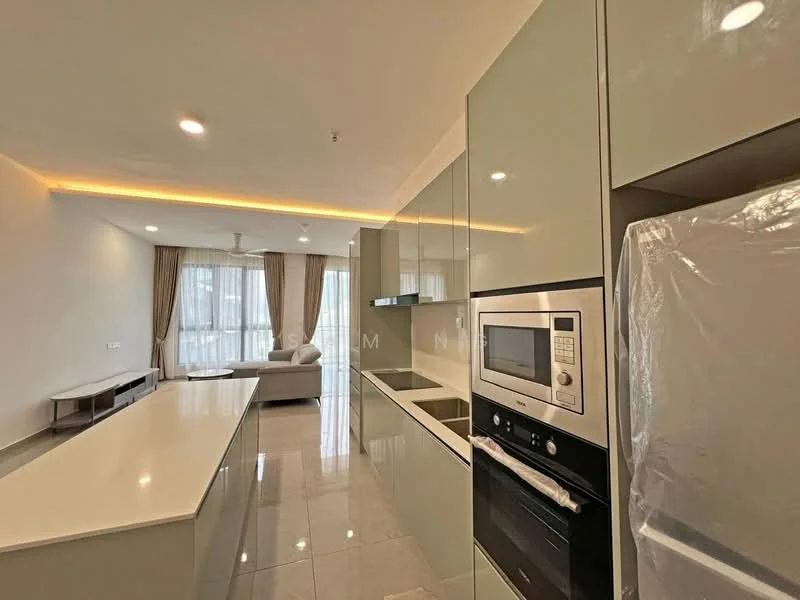 Kitchen features: white glossy cabinetry, marble countertop, built-in oven, microwave, stainless-steel fridge, single-bowl stainless-steel sink, chrome pull-down faucet, ceramic tile flooring, recessed downlights, 5-blade ceiling fan, open-plan layout to living area, floor-to-ceiling windows, curtains, island counter with seating; style: modern; view: city. Living features: sofa, coffee table, TV console, area rug, curtains, recessed downlights, 5-blade ceiling fan, open-plan layout to kitchen, floor-to-ceiling windows; style: modern; view: city.