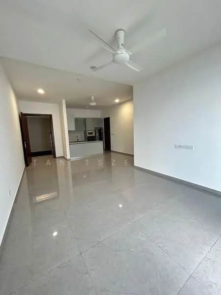 Living features: grey polished tile flooring, white painted walls, ceiling fan, recessed downlights, open layout, large windows, kitchen area visible in background, neutral color scheme; style: modern.