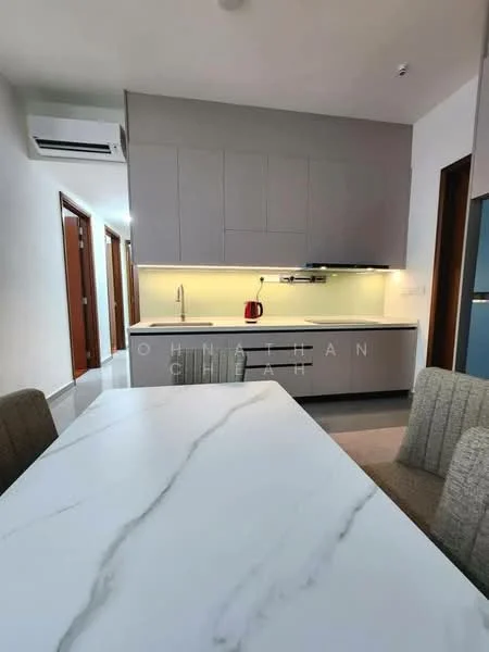 Kitchen features: grey cabinetry, white marble countertop, stainless-steel sink, chrome pull-down faucet, built-in oven, stainless-steel range hood, white backsplash, recessed LED downlights, wall-mounted split AC, dining table with marble top, upholstered dining chairs; style: modern.