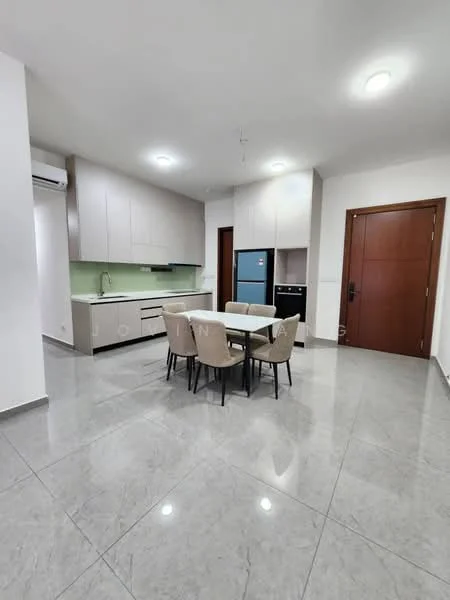 Kitchen features: grey cabinetry, white countertop, stainless-steel fridge, built-in oven, ceramic tile flooring, recessed downlights, single-bowl stainless-steel sink, chrome pull-down faucet, green backsplash, dining table with 6 chairs, wall-mounted split AC; style: modern.