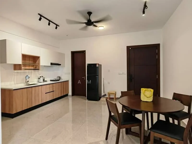Kitchen features: wood cabinetry, white countertop, stainless-steel sink, chrome pull-down faucet, built-in stove, microwave, refrigerator, ceramic tile flooring, ceiling fan, track lighting; style: modern. Dining features: round dining table, 4 dining chairs, wooden dining chairs, decorative bowl on table; style: modern.