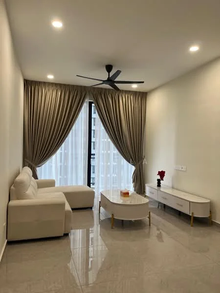 Living features: 3-seater fabric sofa in white, L-shape sectional sofa, coffee table with gold legs, TV console with drawers, floor-to-ceiling windows, sheer curtains, dark ceiling fan with 5 blades, marble tile flooring, white painted walls, decorative plant on table; style: modern.