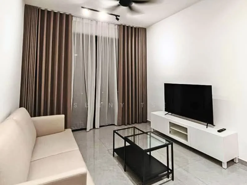 Living features: 3-seater fabric sofa in beige, glass coffee table, white TV console, wall-mounted TV, floor-to-ceiling windows, sheer curtains, brown blackout curtains, recessed downlights, ceiling fan, grey tile flooring, white painted walls; style: modern.