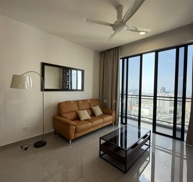 Living features: 3-seater leather sofa in tan, glass coffee table, floor-to-ceiling windows, city view, light grey walls, polished ceramic tile flooring, ceiling fan with light, curtains, decorative mirror; style: modern; view: city.