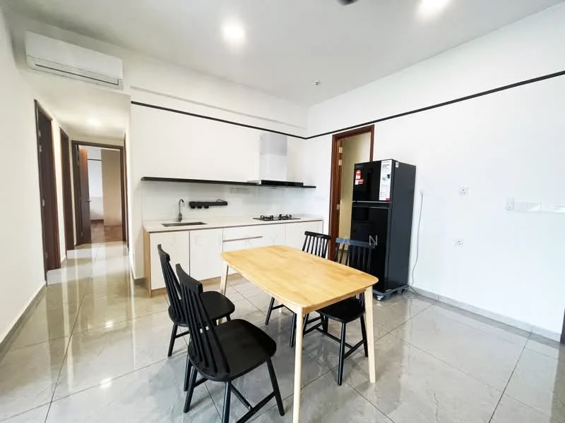 Kitchen features: white cabinetry, black countertop, stainless-steel gas hob, stainless-steel range hood, black fridge, dining table with wooden top, 4 black dining chairs, grey tile flooring, wall-mounted split AC, open layout, white painted walls, recessed downlights; style: modern.