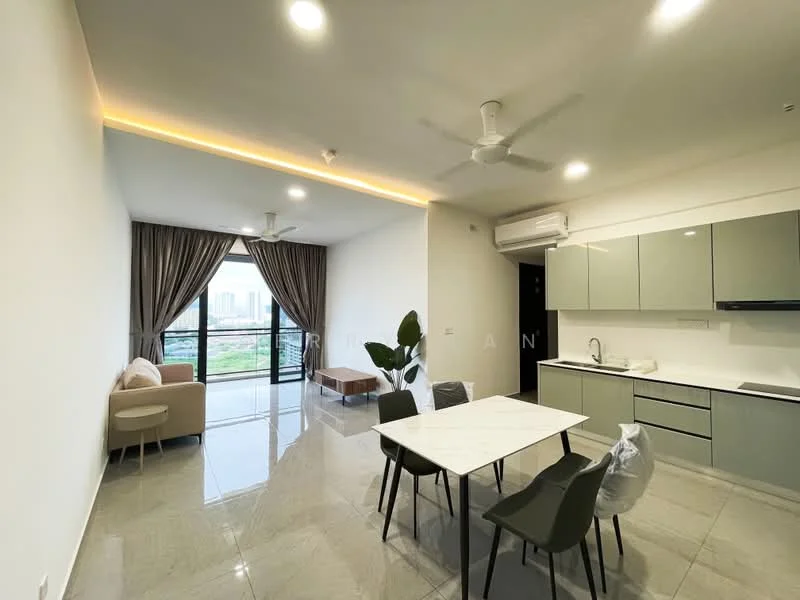 Living features: white painted walls, grey floor tiles, 5-blade ceiling fan with light, floor-to-ceiling windows, sliding glass door, curtains, sofa in beige, dining table with white top, 4 dining chairs in green, kitchen cabinetry in light grey, stainless-steel sink, built-in oven, refrigerator, air conditioning unit; style: modern; view: city.