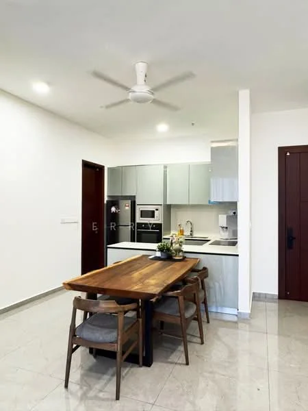 Kitchen features: grey cabinetry, white countertop, stainless-steel sink, chrome pull-down faucet, built-in oven, microwave, 4-burner gas hob, refrigerator, pendant lighting, 5-blade ceiling fan, dining table with wooden top, upholstered dining chairs, marble tile flooring, white painted walls; style: modern.