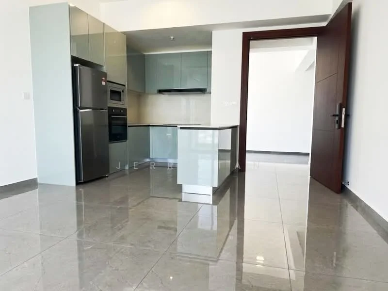 Kitchen features: grey glass cabinetry, white countertop, stainless-steel fridge, built-in oven, ceramic cooktop, stainless-steel sink, chrome pull-down faucet, marble tile flooring, recessed downlights, open layout, wall-mounted cabinets, island with seating, neutral wall color; style: modern.