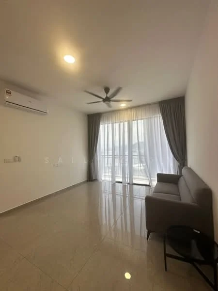 Living features: grey fabric sofa, floor-to-ceiling windows, sheer curtains, recessed LED downlights, 5-blade ceiling fan, wall-mounted split AC, polished tile flooring, neutral painted walls; style: modern.