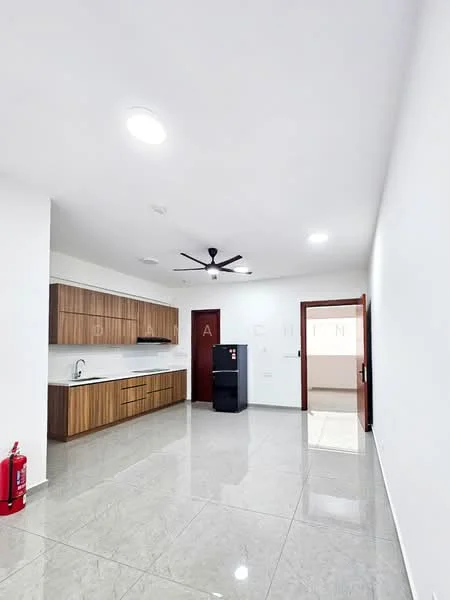 Kitchen features: brown wooden cabinetry, single-bowl stainless-steel sink, chrome pull-down faucet, black refrigerator, grey polished tile flooring, white painted walls, ceiling fan with light, recessed downlights; style: modern.