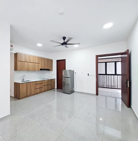 Kitchen features: brown wooden cabinetry, white countertop, single-bowl stainless-steel sink, chrome pull-down faucet, stainless-steel fridge, ceramic tile flooring, recessed downlights, 5-blade ceiling fan, open layout, wall-mounted kitchen cabinet, sliding glass door, window with view to balcony; style: modern.