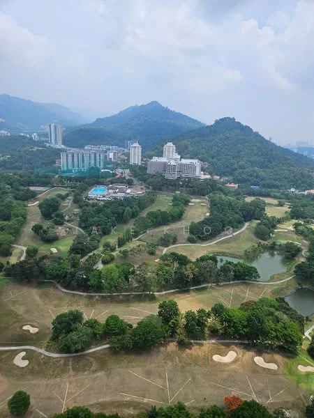 Exterior features: golf course, lush greenery, hills in background, urban skyline, water bodies, manicured lawns, residential buildings, swimming pool, mountainous terrain; style: contemporary.