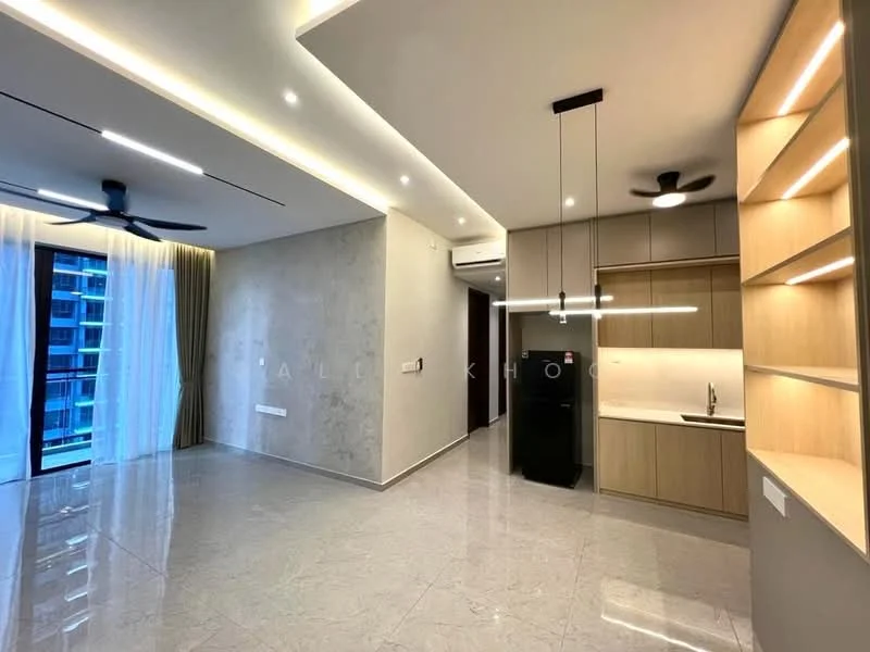 Living features: grey marble flooring, white painted walls, recessed downlights, 2-blade ceiling fan, floor-to-ceiling windows, black refrigerator, wood cabinetry, kitchen countertop, open layout, curtains, wall-mounted air conditioning unit; style: modern; view: city.