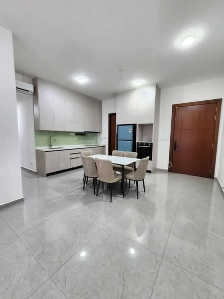 Kitchen features: grey cabinetry, white countertop, stainless-steel fridge, built-in oven, 4-burner gas hob, single-bowl stainless-steel sink, chrome pull-down faucet, tile flooring, recessed downlights, dining table with 4 chairs, green backsplash, wall-mounted split AC; style: modern.