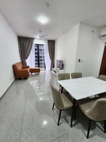 Living features: grey marble tile flooring, white painted walls, ceiling fan, sofa in orange leather, TV console, wall-mounted TV, dining table with marble top, 6 upholstered dining chairs, floor-to-ceiling windows with sheer curtains, sliding glass door, curtains, recessed downlights; style: modern; view: city.