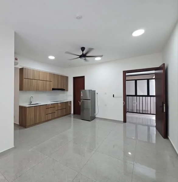 Kitchen features: grey tiled flooring, white painted walls, wooden cabinetry, black countertop, single-bowl stainless-steel sink, chrome pull-down faucet, built-in oven, refrigerator, 5-blade ceiling fan with light, recessed LED downlights, sliding door to balcony, open layout to living area; style: modern.