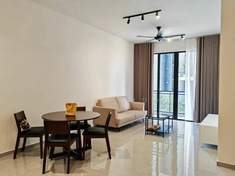 Living features: cream painted walls, marble tile flooring, 5-blade ceiling fan with light, sofa in beige, round dining table, 4 dining chairs, glass coffee table, floor-to-ceiling windows, sheer curtains, view of garden; style: modern; view: garden.