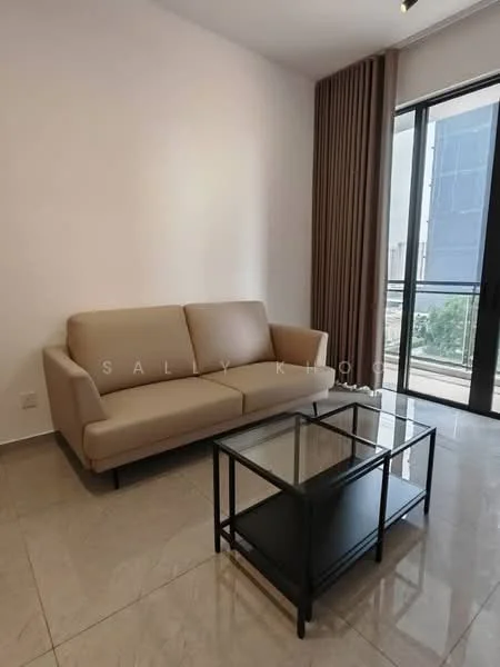 Living features: beige fabric sofa, glass coffee table with black metal frame, floor-to-ceiling windows, curtains, marble tile flooring, white painted walls, recessed downlights; style: modern; view: city.
