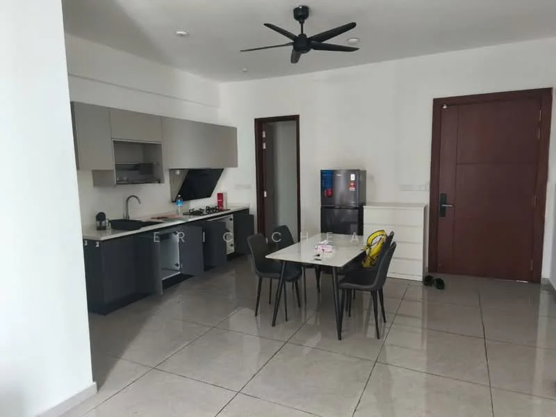 Kitchen features: grey cabinetry, white countertop, single-bowl stainless-steel sink, chrome pull-down faucet, built-in oven, freestanding fridge, 4-burner gas hob, ceramic tile flooring, recessed downlights, wall-mounted split AC; style: modern. Dining features: 4-seater dining table, black dining chairs; style: modern.