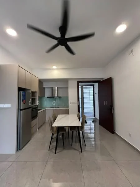 Dining features: 5-blade ceiling fan in black, rectangular dining table with white top, 4 dining chairs in beige, stainless-steel fridge, built-in oven, stainless-steel range hood, grey cabinetry, glass backsplash, marble tile flooring, recessed downlights, sliding glass door, wall-mounted kitchen cabinet; style: modern.