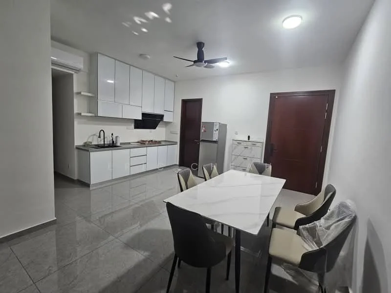 Kitchen features: white cabinetry with flat-panel doors, grey countertop, stainless-steel fridge, built-in oven, 4-burner gas hob, single-bowl stainless-steel sink, chrome pull-down faucet, grey ceramic tile flooring, recessed LED downlights, ceiling fan, dining table with marble top, upholstered dining chairs; style: modern.