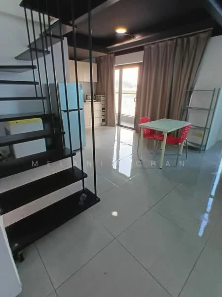 Room features: black metal staircase, glossy white tile flooring, large glass sliding door, floor-to-ceiling curtains in beige, white kitchen cabinetry, stainless-steel fridge, white dining table, red plastic dining chairs, recessed ceiling lights, open layout, kitchen area visible, natural light from sliding door; style: modern; view: city.