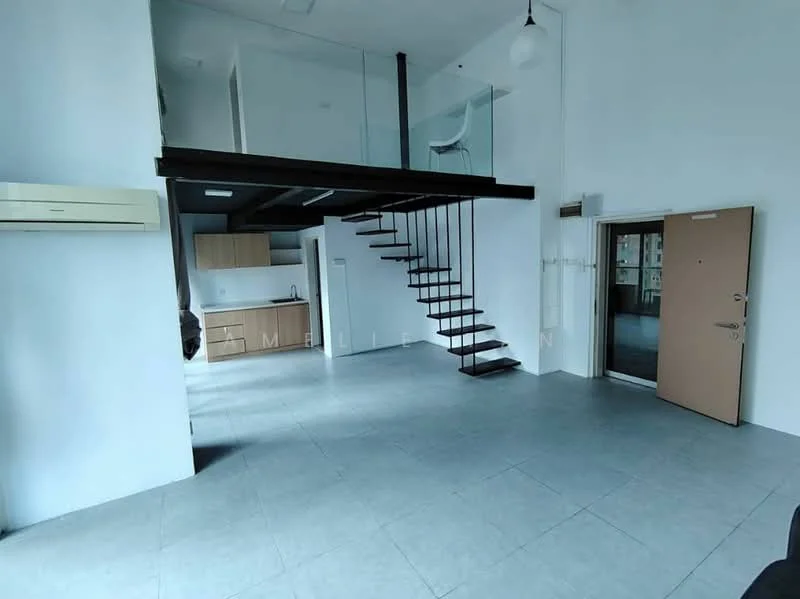 Living features: grey tiled flooring, white painted walls, high ceiling, exposed beams, 1 wall-mounted split AC, staircase with wooden steps and metal railing, large glass door leading outside, open layout to kitchen area, pendant light fixture; style: modern. Kitchen features: wood cabinetry, countertop, built-in appliances, open layout to living area; style: modern.