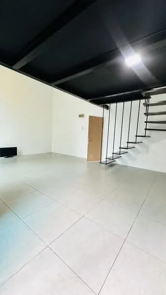 Room features: white painted walls, black ceiling, large format tile flooring, open space layout, staircase with metal railing, single door, TV console area; style: modern.