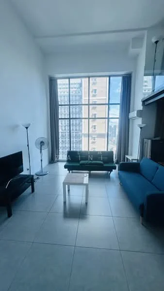 Living features: floor-to-ceiling windows, grey curtains, light grey tiled flooring, 2-seater green fabric sofa, 3-seater blue fabric sofa, white coffee table, black TV console, wall-mounted TV, standing fan, decorative wall shelf; style: modern; view: city.